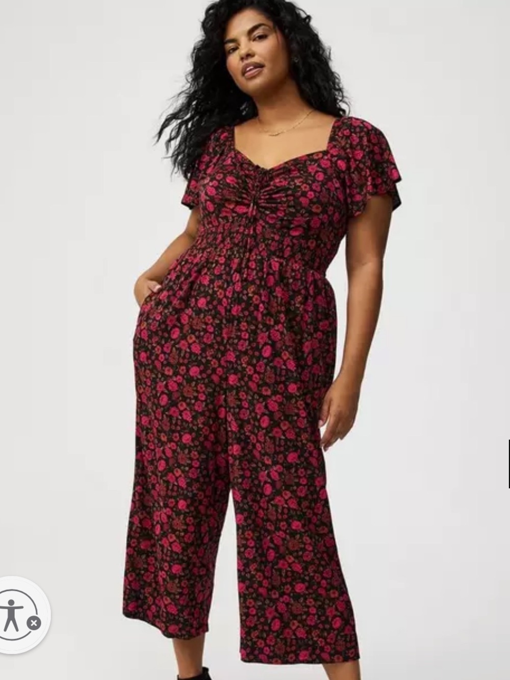 Torrid Plus-size Floral Deep Black Stretch Challis Flutter Sleeve Jumpsuit Sz 18